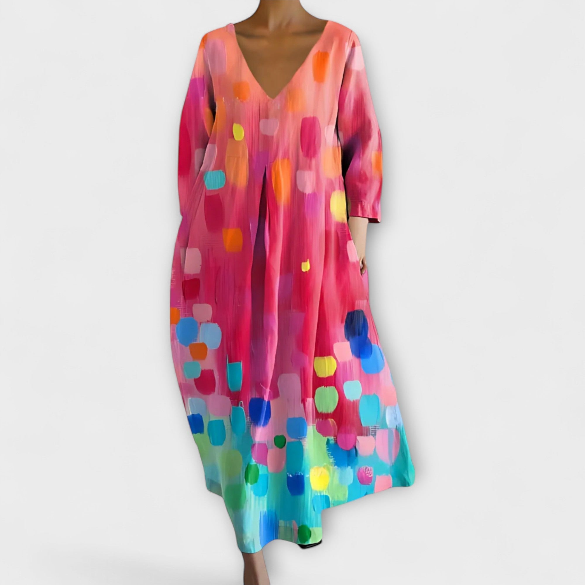 Fiona - Langes farbenfrohes Kleid mit V-Ausschnitt