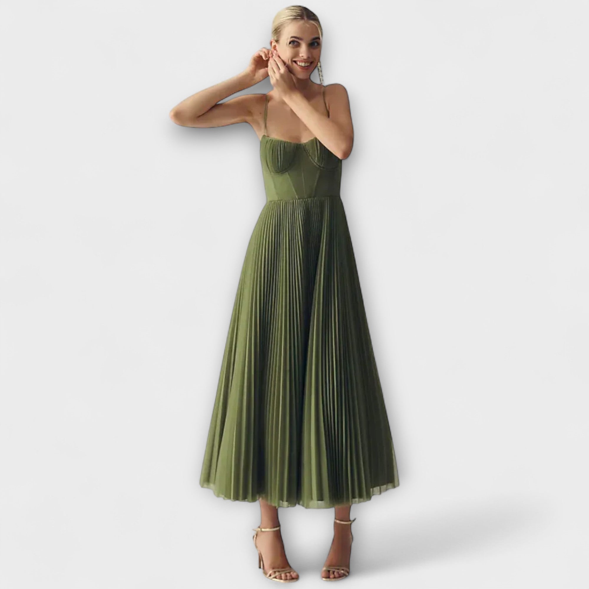 Lucrezia - Olivgrünes Plissee-Midikleid