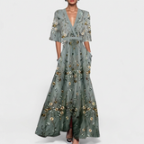 Rute - Graugrünes Maxikleid mit floralem Muster