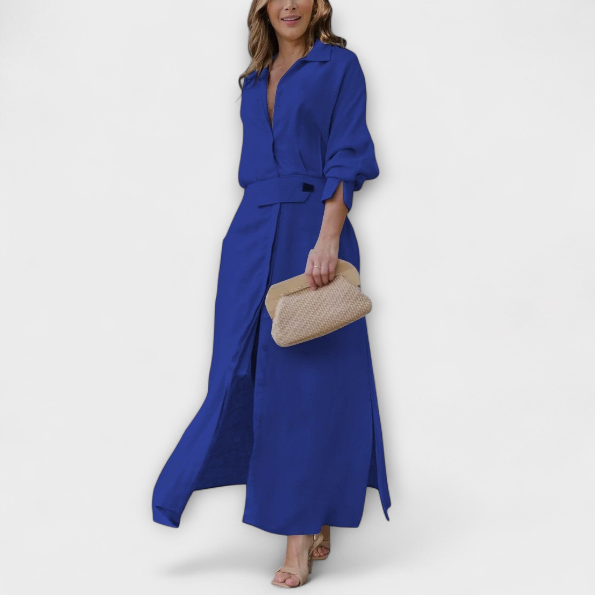Jeanette - Cremefarbenes Maxikleid mit V-Ausschnitt