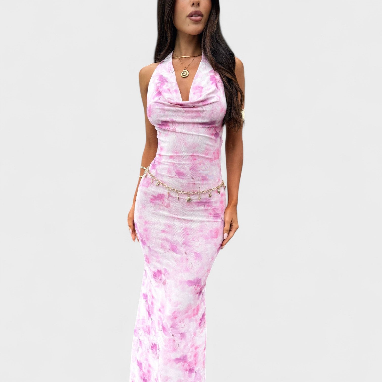 Mara - Rosa Maxikleid mit Blütenmuster