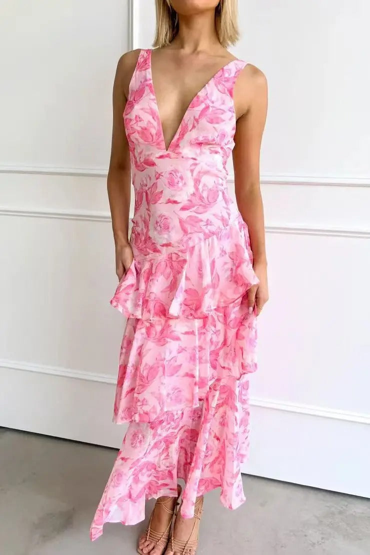 Marina - Rotes elegantes Langkleid mit Blüten