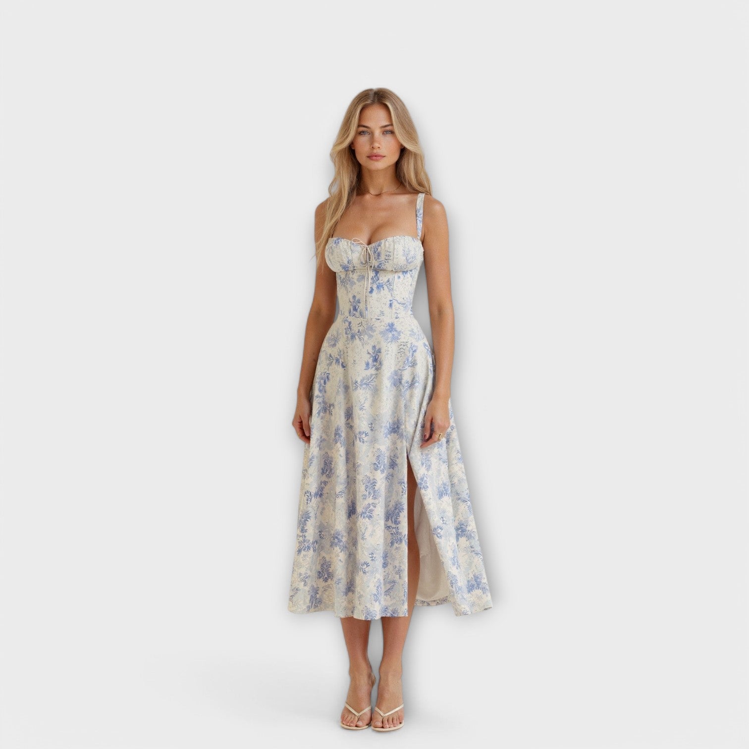Kiana - Cremefarbenes Korsett-Midikleid mit Blümchen