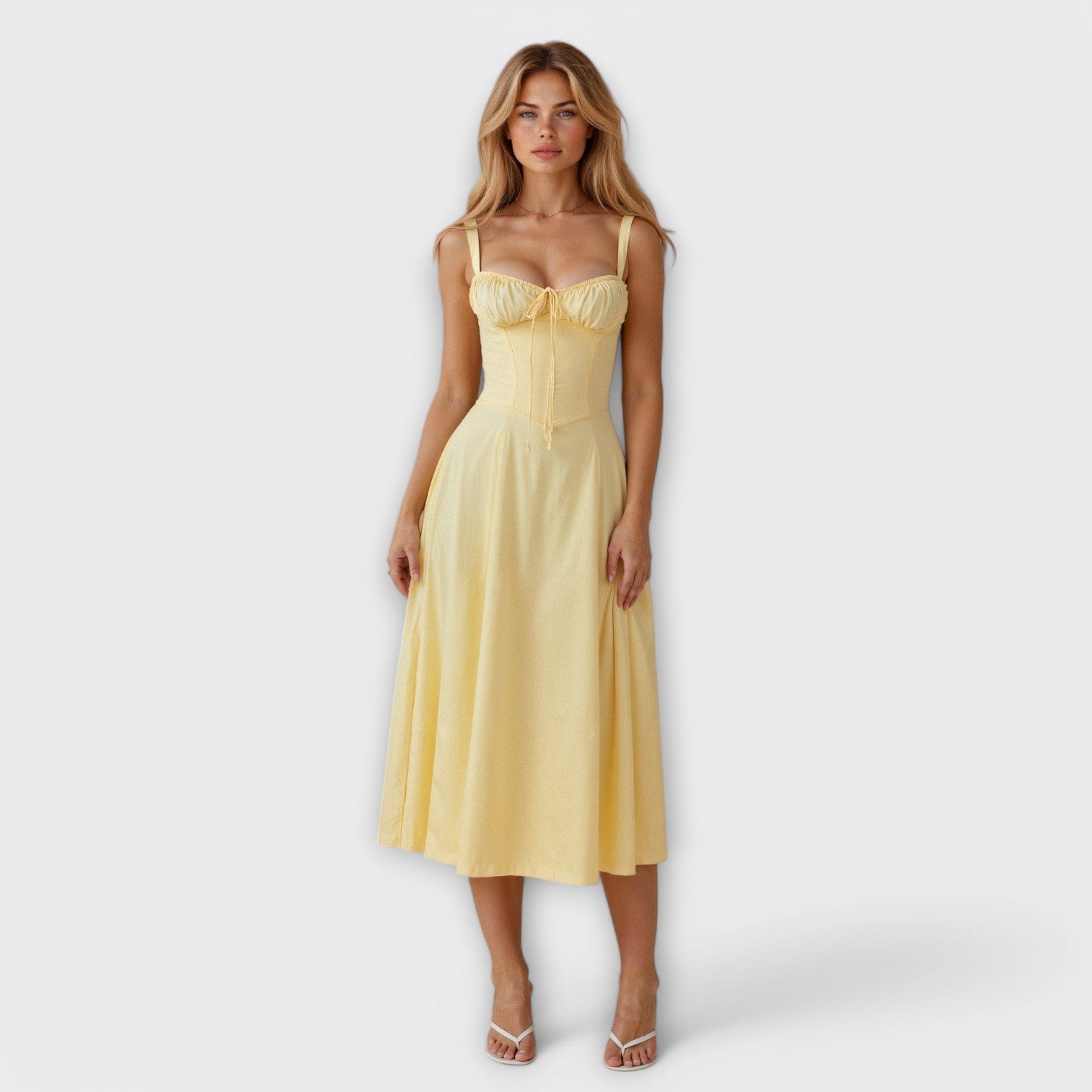 Kiana - Cremefarbenes Korsett-Midikleid mit Blümchen