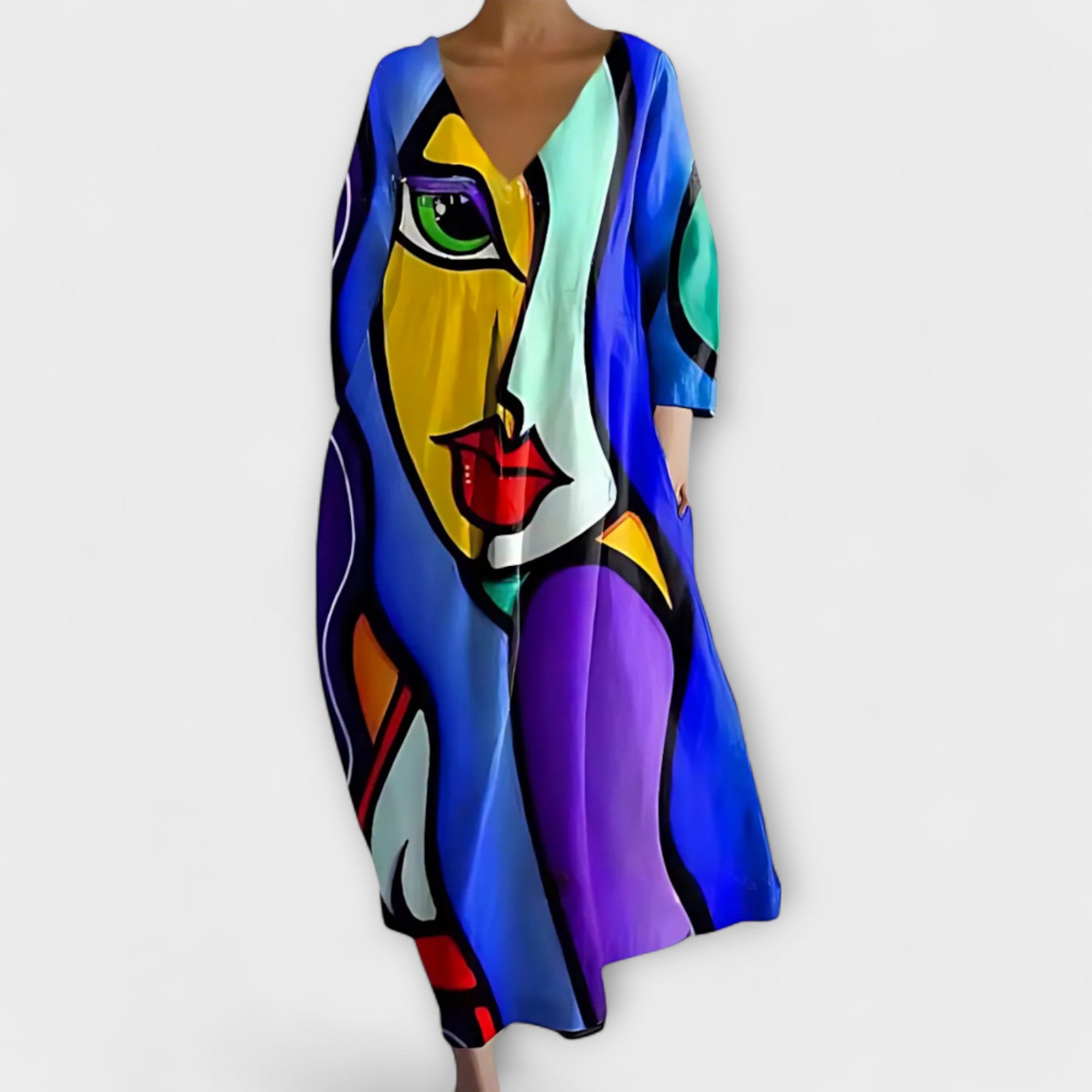 Fiona - Langes farbenfrohes Kleid mit V-Ausschnitt