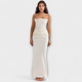 Schwarzes Satin-Maxikleid mit Drapierung