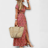 Sybella - Beiges Boho-Maxikleid mit Streublumen