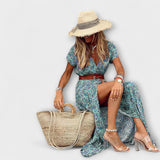 Sybella - Beiges Boho-Maxikleid mit Streublumen