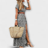 Sybella - Beiges Boho-Maxikleid mit Streublumen